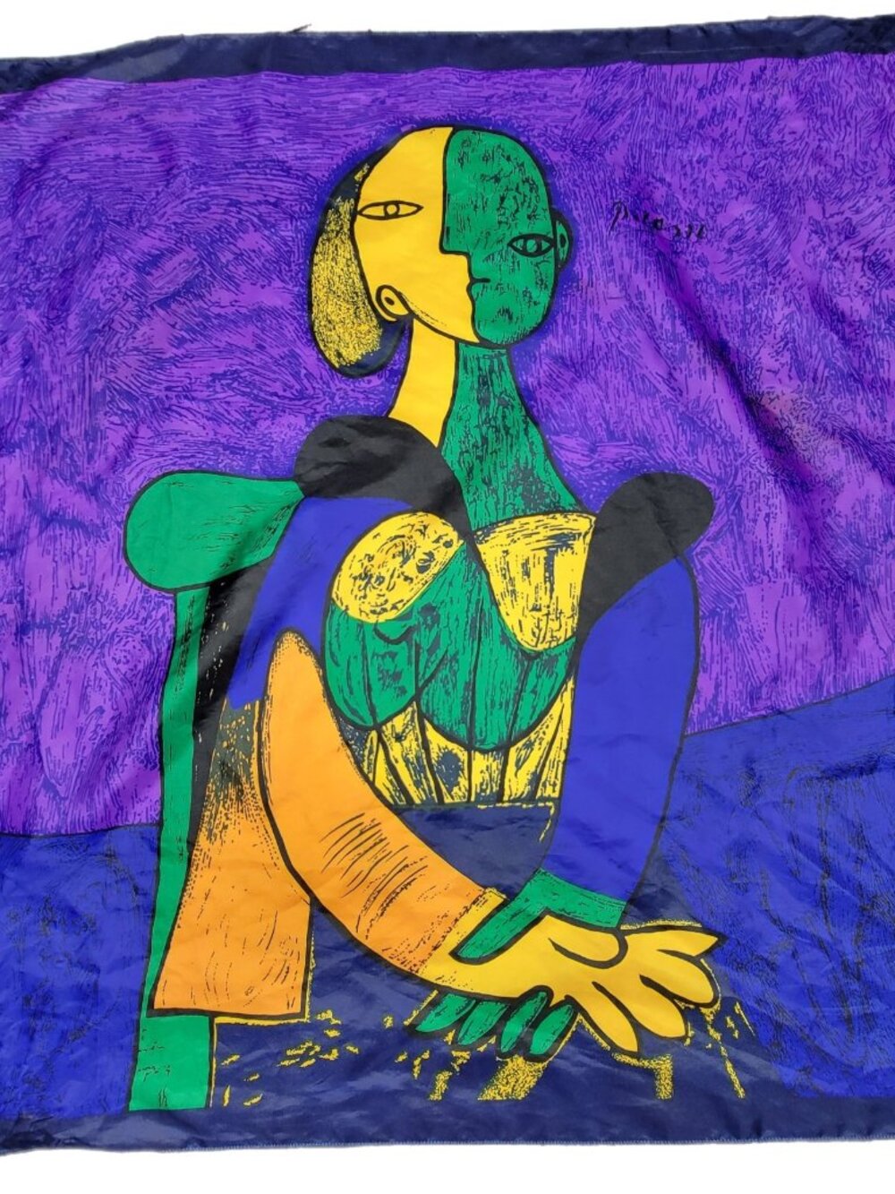 Picasso Abstract Art Silk Scarf Satin Square 33" x 33" Purple Blue Green Yellow